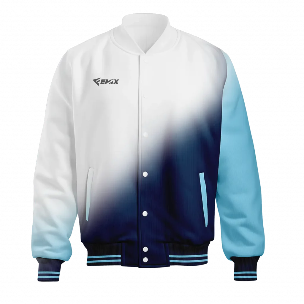 Chaqueta universitaria con un degradado de blanco hacia el color para mostrar que es personalizable con el diseño que quiera el cliente